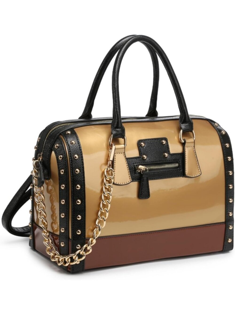 Shiny Patent Faux Leather Barrel Bag with Rivet Detail | Stylish Satchel